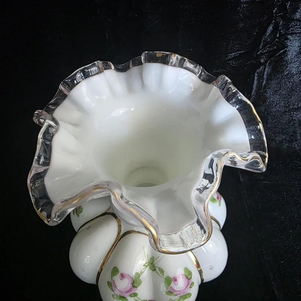 Fenton Hand Painted 1940's Charleton Roses Bow Tie Melon Vase‎ Gold Rim 8